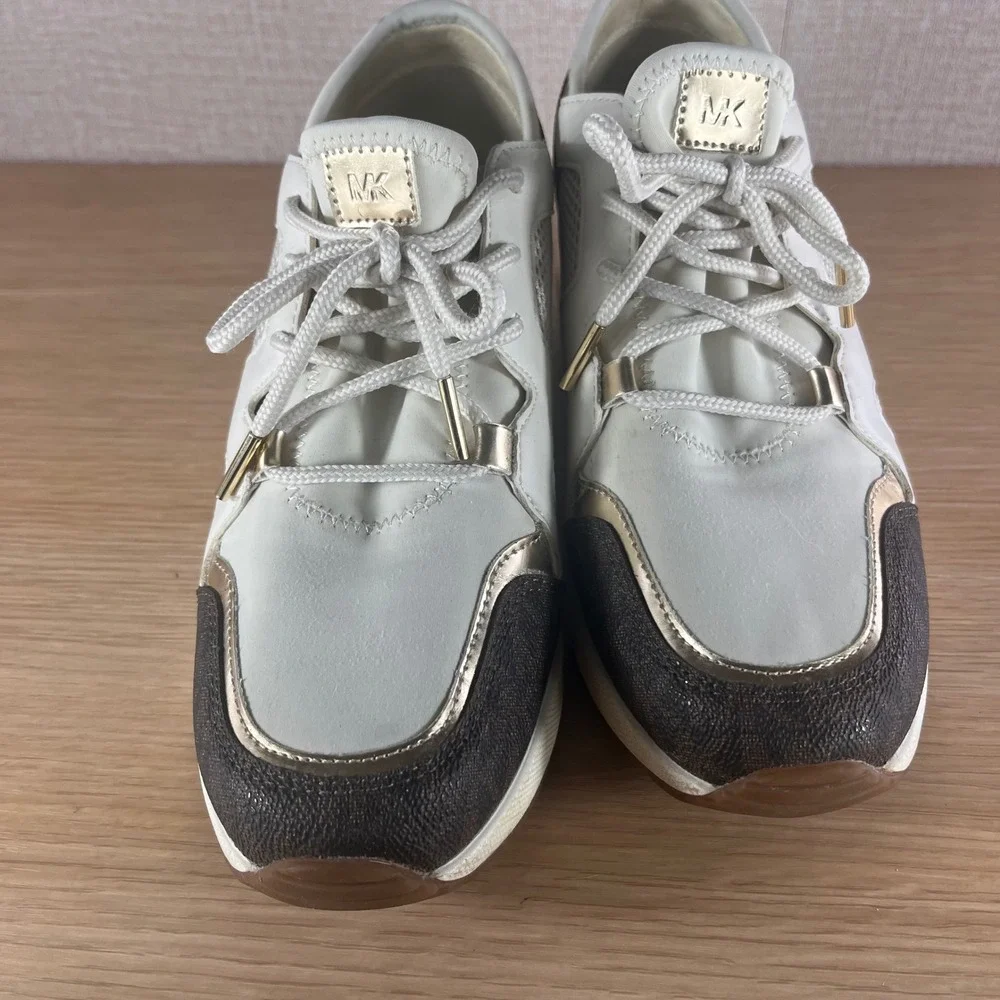Michael Kors Georgie Trainer Wedge Sneakers Womens 9M White Gold Brown MK Logo